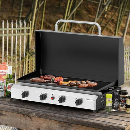 SKOK 4 Burner Gas Griddle with Hood- 30 Inch Outdoor Propane Griddle-60000 BTU Propane Fuelled, Portable Flat Top Gas Grill Camping Griddle with Lid for Kitchen, Outdoor BBQ, Camping