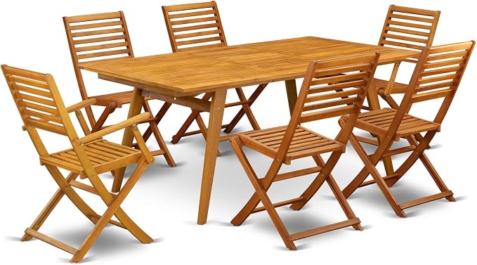 East West Furniture DEBS72CANA 7 Piece Patio Bistro Dining Set Consist of a Rectangle Outdoor Acacia Wood Table and 2 Folding Arm Chairs with 4 Side Chairs, 40x72 Inch, Natural Oil