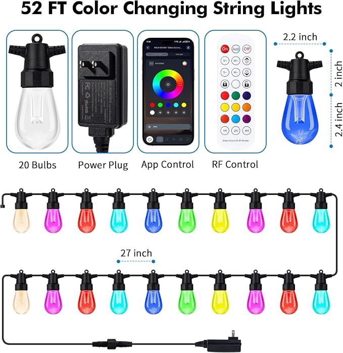 TviewSmart Outdoor String Lights Waterproof Color Changing for Patio 52FT | Warm White, APP&Remote Control, Custom Colors, Timer, Shatterproof Hanging Lights for Outside Backyard Porch Balcony Deck
