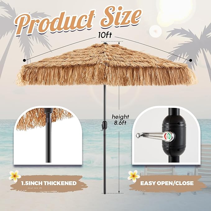CroBlissful 10 ft Solar Tiki Umbrella with 32 LED Lights, Hula Thatched Patio Umbrella, UPF 50+, Hawaiian Style Beach Umbrellas for Garden, Beach, Pool, and Backyard