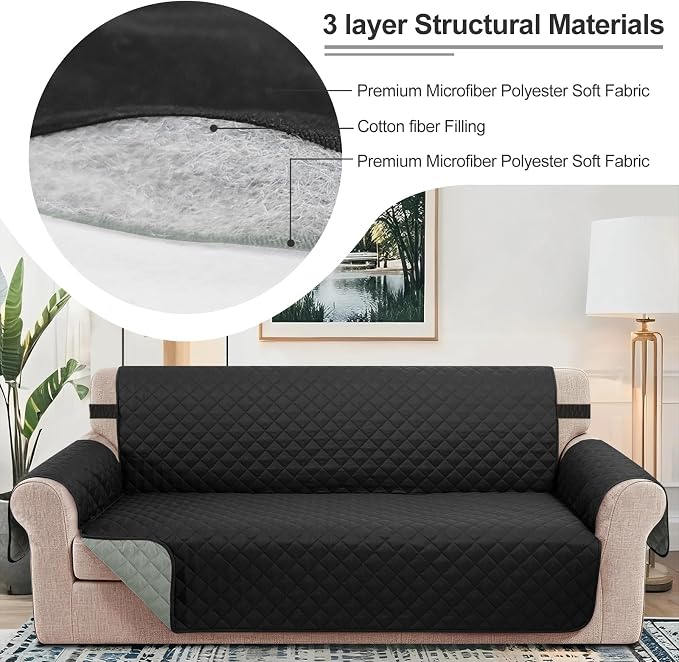 Reversible Loveseat Couch Sofa Covers, 2-Seater, Black | Loveseat Covers for Dogs Water Repellent, Friendly Furniture Protector with Elastic Straps for Living Room