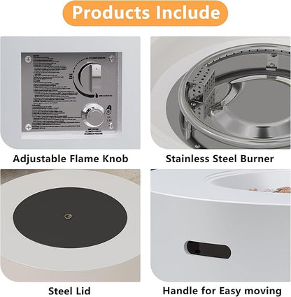 32 inch Round Propane Fire Table, 50,000 BTU Gas FirePit, Patio Fire Pit Table with Steel Lid, Rain Cover, 10ft Propane Hose, Lava Rocks, White