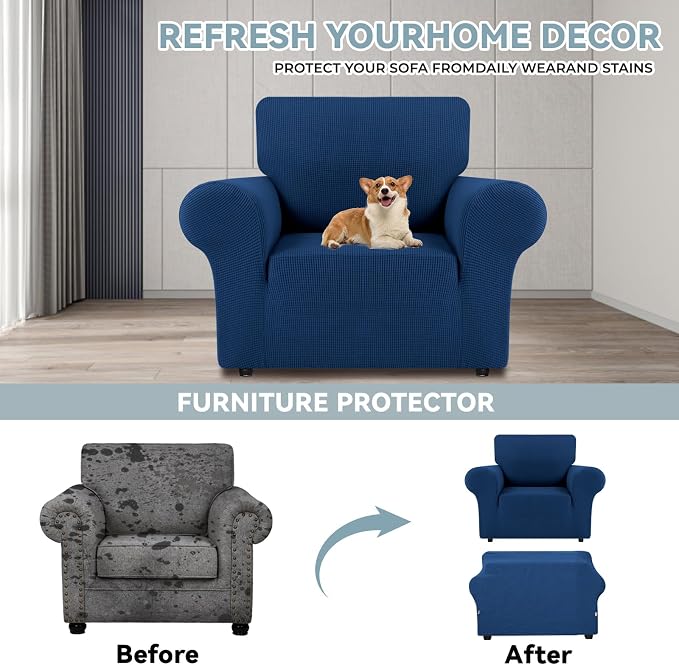 LURKA Stretch Chair Cover for Sofa, 1 Piece Armchair Slipcover, Royal Blue | Soft Stretch Jacquard, Fits 31"-55" Armchairs, Elastic Bottom for Secure Fit, Machine Washable, Pet & Kid Friendly