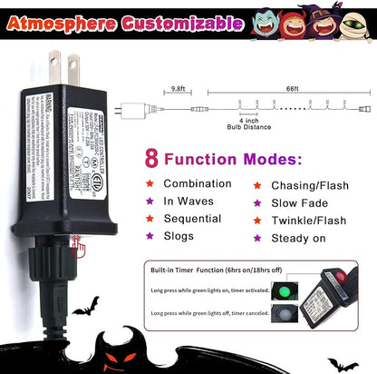 JMEXSUSS 66ft 200 LEDOrange and Purple Halloween String Lights, Plug in | Connectable, Waterproof, 8 Modes, Halloween Lights Indoor Outdoorfor Tree Yard Garden Halloween Decorations