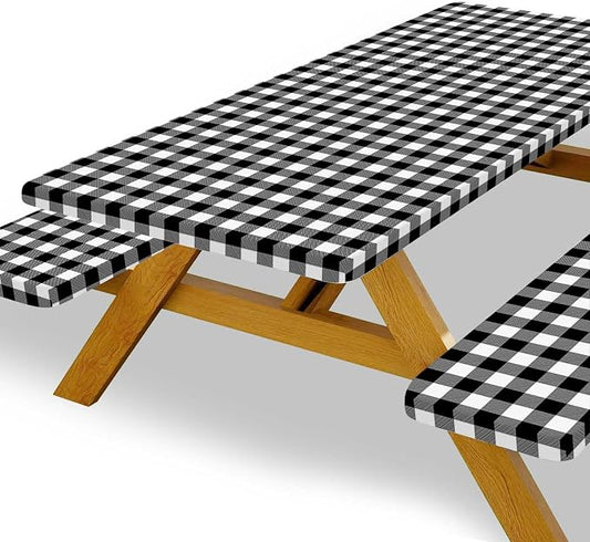 Picnic Table Cover with Bench Covers, Black and White Checkered Waterproof and Windproof, Fitted Tablecloth Cover with Elastic Edge, for Outdoor, Garden, Camping, 3 Pieces Set, 30x60 Inch
