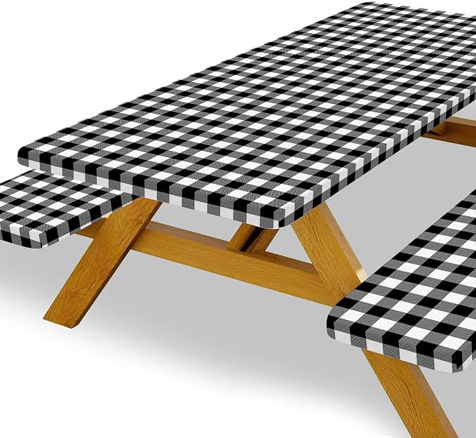 Picnic Table Cover with Bench Covers, Black and White Checkered Waterproof and Windproof, Fitted Tablecloth Cover with Elastic Edge, for Outdoor, Garden, Camping, 3 Pieces Set, 30x72 Inch