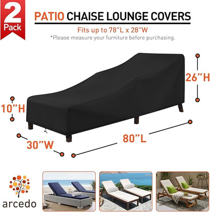 Arcedo Patio Chaise Lounge Cover Waterproof 2 Pack, Lounge Chair Covers for Outdoor Pool Lounger and Patio Furniture, 80" x 30" x 26" H, Black