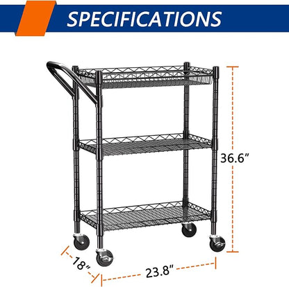 3 Tier Heavy Duty Rolling Utility Cart,18" D x 23.8" W x 36.6" H Rolling Carts with Wheels,Commercial Grade Metal with Handle Bar & Shelf Liner,Trolley Serving Storage Cart for Kitchen Black