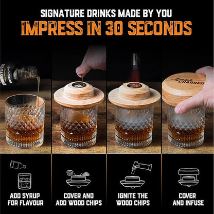 Whiskey Smoker Kit with Torch and Butane and Old Fashioned Syrup - 8 Flavors Wood Chips, 100% USA Oak, High-End Set - Old Fashioned Bourbon Cocktail Smoker Kit Gifts for Men Dad