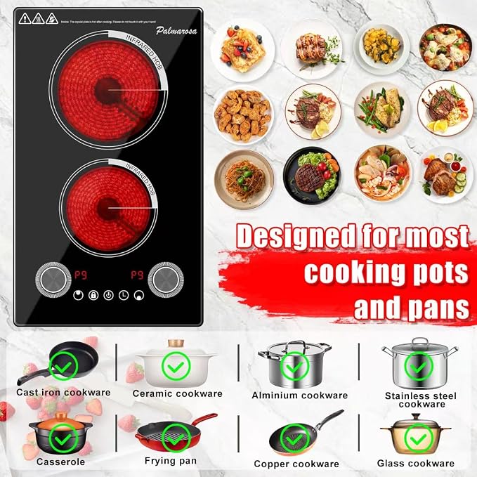 2 Burner Electric Cooktop,12 Inch Built-in Stove Top, 2200W,110V | Electric Cook Top, Knob Control, 9 Power Levels,Over-Temperature Protection