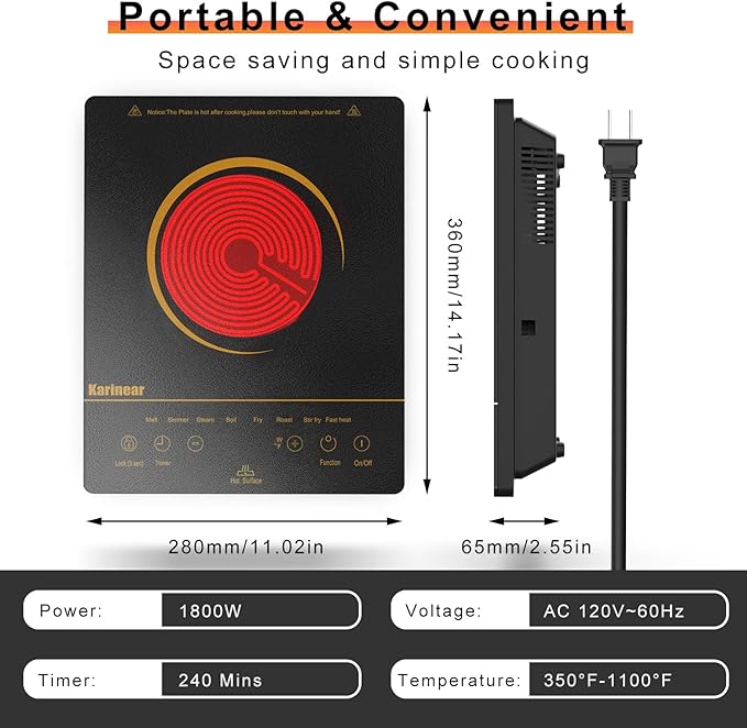 Karinear Portable Electric Cooktop, Electric Stove Single Burner Ceramic Cooktop with Touch Control,Safety Lock, Timer, Residual Heat Indicator, Overheat Protection, 1800W 110V Infrared Burner(Gold)