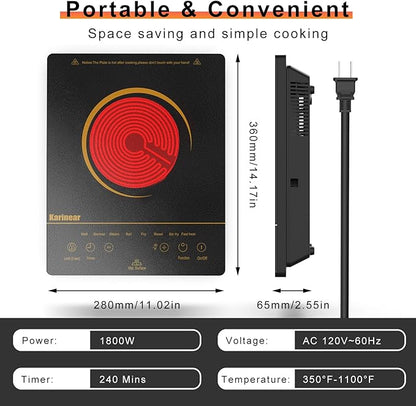 Karinear Portable Electric Cooktop, Electric Stove Single Burner Ceramic Cooktop with Touch Control,Safety Lock, Timer, Residual Heat Indicator, Overheat Protection, 1800W 110V Infrared Burner(Gold)