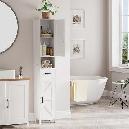 Homhedy 67" H Tall Bathroom Storage Cabinet with Barn Doors and Drawer | Narrow Storage Unit with Adjustable Shelves, Floor Cabinet for Bathroom, Living Room, Entryway or Kitchen, White, 11.8" W