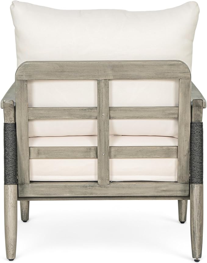 Christopher Knight Home Havets Patio Acacia Wood Club Chair with Woven Rope, Comfortable Outdoor Armchair, Water-Repellent Thick Cushion Deep Seating for Porch, Garden, Backyard, Balcony, Gray+Beige