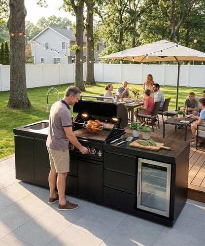 BBQ Outdoor Kitchen Island Grill Barbecue Modular Patio Kitchens Kits with Electric Rotisserie, Sink, fridge, and Burner for More than 10 People