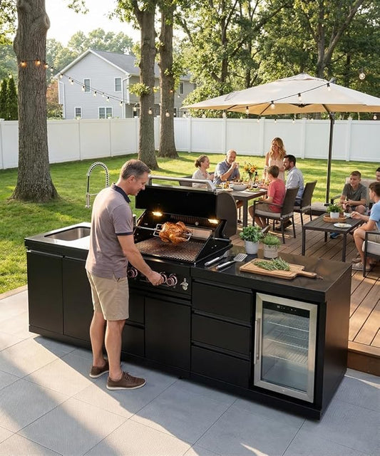 BBQ Outdoor Kitchen Island Grill Barbecue Modular Patio Kitchens Kits with Electric Rotisserie, Sink, fridge, and Burner for More than 10 People