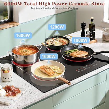 24 Inch Electric Cooktop Built-in, 4 Burner Electric Stove with 6900W Total High Power, 24" Ceramic Cooktop with BBQ Burner, Touch Control, Child Safety Lock, 220V-240V Hard Wire, No Plug