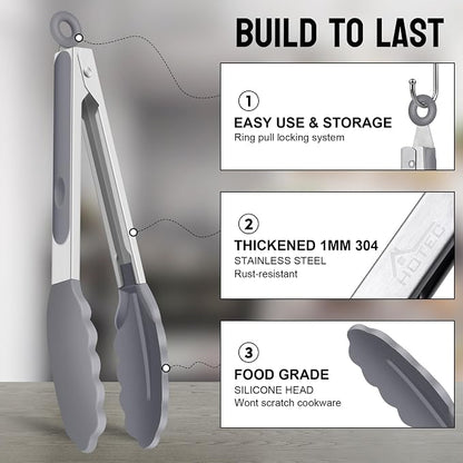HOTEC Premium Stainless Steel Locking Kitchen Tongs with Silicon Tips, Set of 2-9" and 12" Light Grey