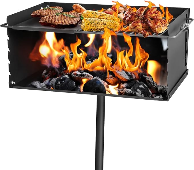 Park Style Charcoal Grill with Cooking Grate, Heavy Duty Carbon Steel Outdoor BBQ Grill with Plate, Single Post Park Grill for Camping, Backyard and Cooking (25 x 17 x 11 Inch)