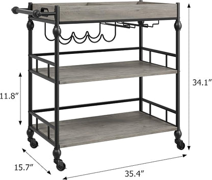 Garvee Bar Cart with Wheels, 3-Tier Rolling Serving Cart with Removable Tray, Mobile Kitchen Beverage Cart with Wine Rack & Glass Holder, Retro Roman Column Design, 35.4 x 15.7 x 34.1 Inches, Grey