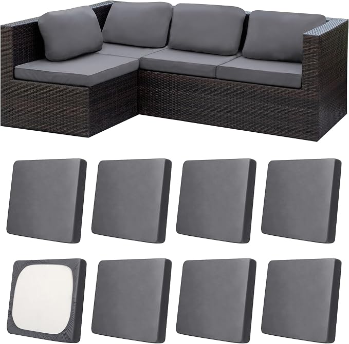 8Pcs Patio Cushion Covers, Outdoor Stretch Cushion Covers, Washable | Stretch Fit, Replacement, Washable and Reusable Furniture Protectors, Fits most patio furniture cushion covers, Cover Only