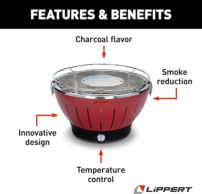 Lippert Odyssey Portable Grill - Compact and Versatile Charcoal Grill for Camping, Tailgating, and Outdoor Cooking - Lightweight and Durable Design with Large Cooking Surface - Red