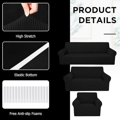 Peryiter 3 Pcs Couch and Loveseat Sofa Covers,Black,Fleece | Armchair Covers for Living Room, Sofa Cushion Slipcover, Furniture Protector, Polyester and Spandex, Washable