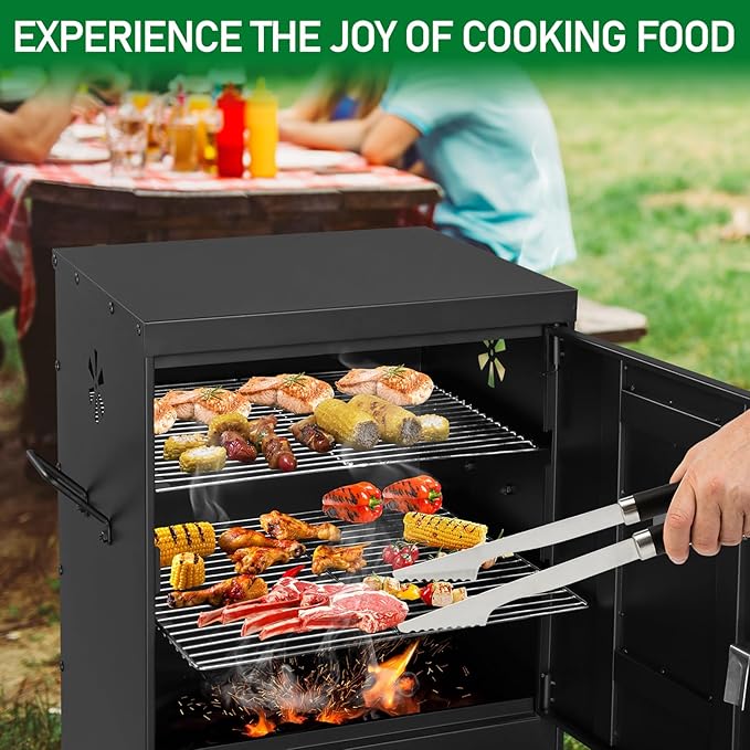 Outdoor Charcoal Grill Barbecue Grills with Thermometer, Charcoal Pan & 4 Air Vents, Vertical BBQ Grill for Garden Party Picnic Hiking Backyard Cooking, Easy to Assemble, Asadores de Carbon (Black)