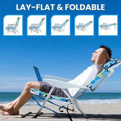 Portable Beach Chair for Adults, Outdoor Camping Chair Lay Flat Folding Backpack Beach Reclining Chair with 5 Positions, Headrest, Cup Holder, Heavy Hawaiian Style