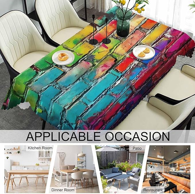 Table Cloth Graffiti Brick Wall, Rainbow Stone Wall Farmhouse Tablecloth Soft Table Cover Tablecloth for Kitchen Dinning Tabletop Decoration, 52x70 Inch Fitted Tablecloths