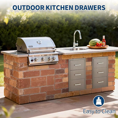 Garvee Outdoor Kitchen Drawers 16" W x 28.5" H x 20.5" D, Flush Mount Triple Access BBQ Drawers with Stainless Steel Handle for Outdoor Kitchens, BBQ Island, Patio Grill Station