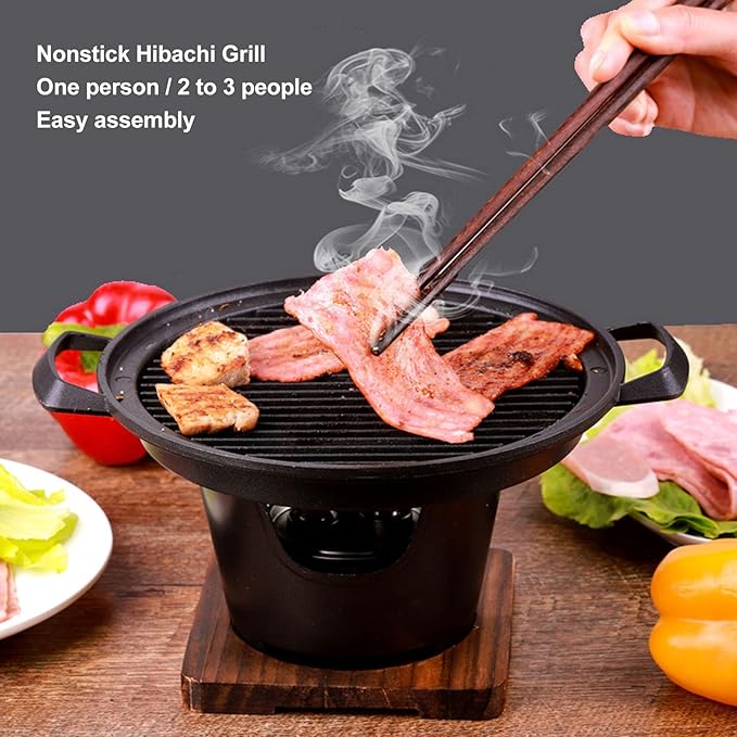 Charcoal Grill, Portable Charcoal Grill Japanese Hibachi Grill with Wooden Base, 8.46 X 6.89 X 5.31in Portable Grill Smokeless Cast Iron Hibachi Grill Grill for BBQ