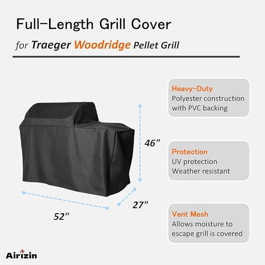 Full-Length Grill Cover for Traeger Woodridge Pellet Grill TFB86MLH,for BAC761 Woodridge Grill Cover Accessory,52" L x 27" W x 46" H