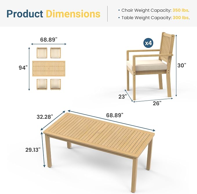 Wisteria Lane 5 Pieces Acacia Outdoor Patio Table and Chairs Set for 4, Patio Outdoor Dining Table Set with Cushion, Modern Outdoor Patio Set for Deck Lawn Backyard Garden, Brown
