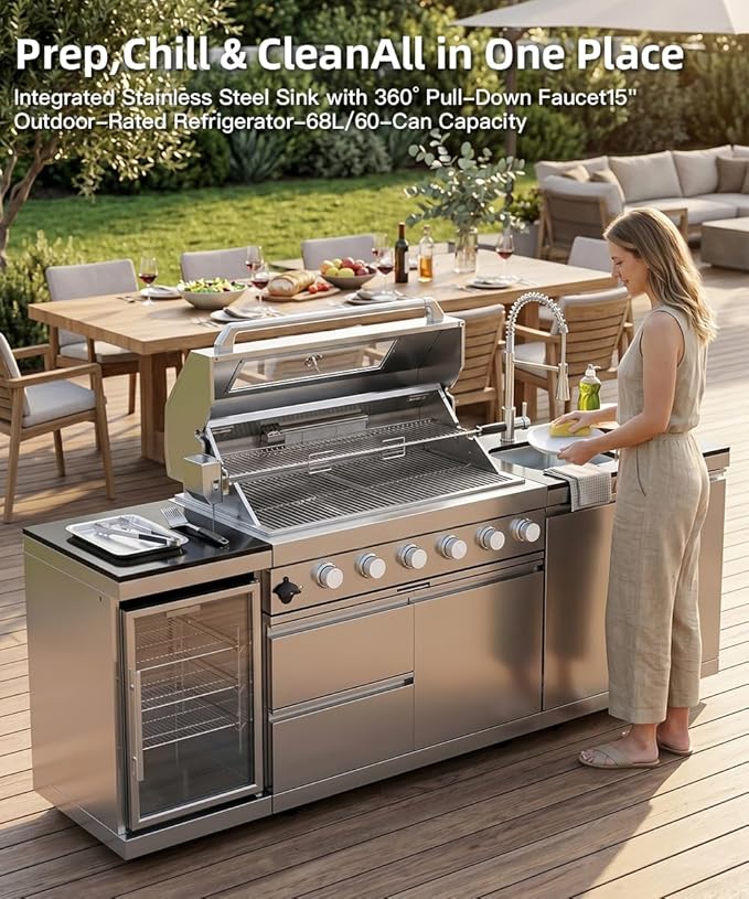 Outdoor Kitchen Island Barbecue Grill with Refrigerator & Rotisserie, Heavy-Duty Stainless Steel Freestanding Grills Station, Weather-Resistant Cooking Cabinet for Backyard & Summer Propane Gas
