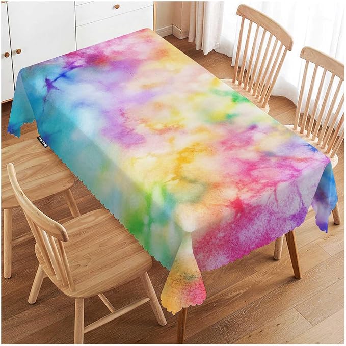 Swono Rectangle Tablecloth Tie Dye Table Cover 52x70 Inch Rainbow Splash Tie Dye Pattern Heavy Duty Table Cloth for Rectangle Tables Decorative Tablecloth for Dining Party Camping BBQ