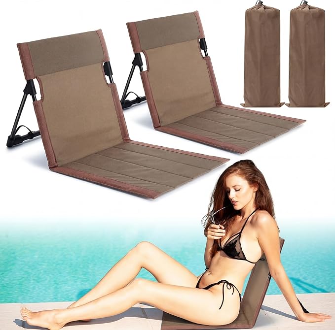 Karenhi 2 Pcs Foldable Poolside Beach Chairs for Edge of Pool Portable Beach Chairs Folding Pool Seats with Back Support Carry Bag for Adults Traveling Camping Picnic Lawn (Brown)
