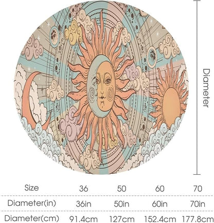 Retro Sun Moon Round Tablecloth Vintage Mystical Astrology Tarot Zodiac Galaxy Space Table Cloth Water Resistant Wipeable Table Cover for Farmhouse Picnic Party Holiday Kitchen Dinner Table 60"