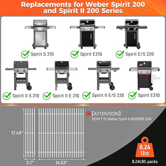 7637 7MM Grill Parts for Weber Spirit 200 & GS4 Spirit II 200 Series with Front-Mounted Control, Spirit E210, E220, S210, S215, 17.5'' SUS304 Stainless Steel Grates for Weber 7637