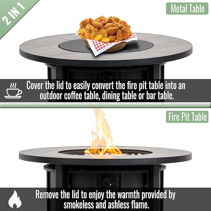 KEIKI 30 Inch Ceramic Top Propane Fire Pit Table, Round Outdoor Gas Fireplace, Steel Patio Heater for Backyard Garden