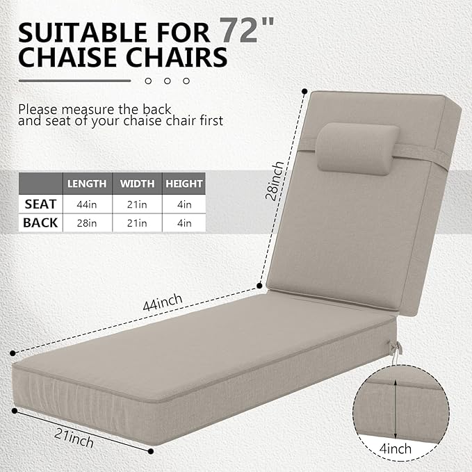 72 x 21 x 4 Inch Olefin Chaise Lounge Cushions, Lounge Chair Cushions with Headrest for Outdoor Furniture - Weather and Fade Resistant Patio Replacement Furniture Lounge Chair Cushion Set of 2