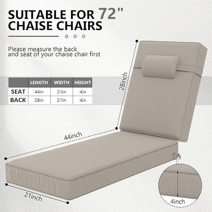72 x 21 x 4 Inch Olefin Chaise Lounge Cushions, Lounge Chair Cushions with Headrest for Outdoor Furniture - Weather and Fade Resistant Patio Replacement Furniture Lounge Chair Cushion Set of 2
