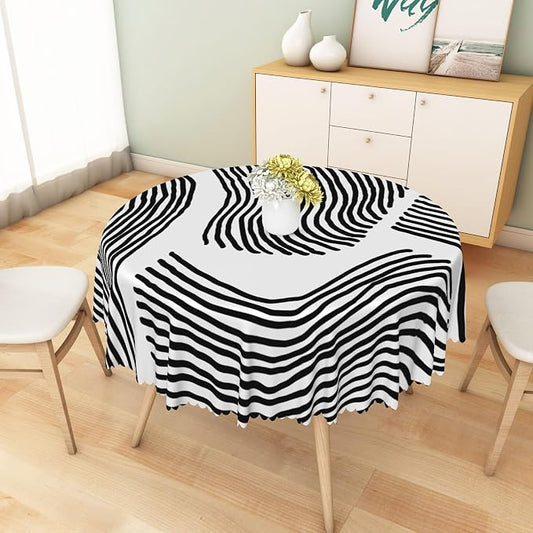 Black White Stripes Table Cloth for Round Chic Striped Circle Tablecloths Polyester Vintage for Picnic Party Dinner Wrinkle Oil-Proof Resistant Table Cover for Dining Table 60x60 Inch