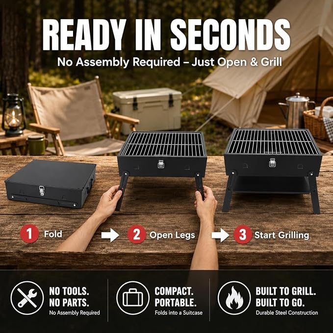 Portable BBQ Charcoal Camping Grill: Tabletop Folding Barbecue Grills | with Fire Starter Kit for Outdoor Cooking, Fathers Day Birthday Grilling Gift for Men Dad Husband