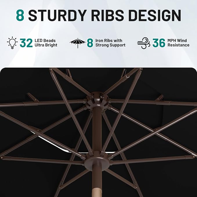 AreShark 9ft 3 Tiers Patio Umbrella with Solar Lights, Outdoor Umbrella w/ 32 LED Lights&8 Sturdy Ribs, Table Umbrella for Deck, Backyard, Pool (Black)