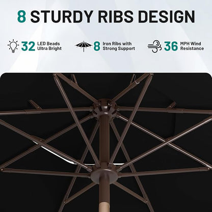 AreShark 9ft 3 Tiers Patio Umbrella with Solar Lights, Outdoor Umbrella w/ 32 LED Lights&8 Sturdy Ribs, Table Umbrella for Deck, Backyard, Pool (Black)