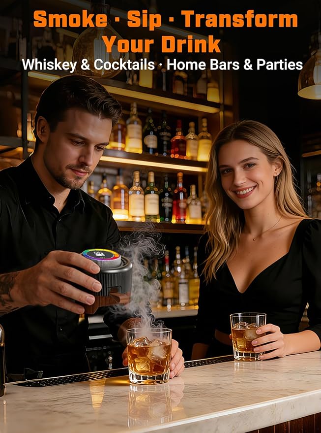 Electric Whiskey Smoker Kit with Adjustable Smoke Control (0–60s), Cocktail Smoker Kit with 6 Wood Chips, No Butane Needed, Old Fashioned Smoker Kit, Bourbon Gifts for Men, Wood Grain
