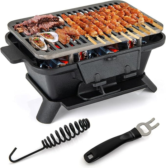 HAPPYGRILL Cast Iron Charcoal Grill, Portable Hibachi Grill w/Air Regulating Door & Fire Gate, Grate Lifter, Double-sided Japanese Stove for Outdoor Camping Backyard Barbecue Party