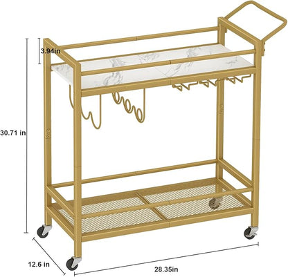 LAATOOREE Bar Cart, Two-Color Home Bar Serving Cart, Mobile Drink Beverage Cart with 2 Storage Shelves, Rolling Kitchen Cart with Wine Holder and Glass Holder, for Dinning Room, Living Room, Kitchen