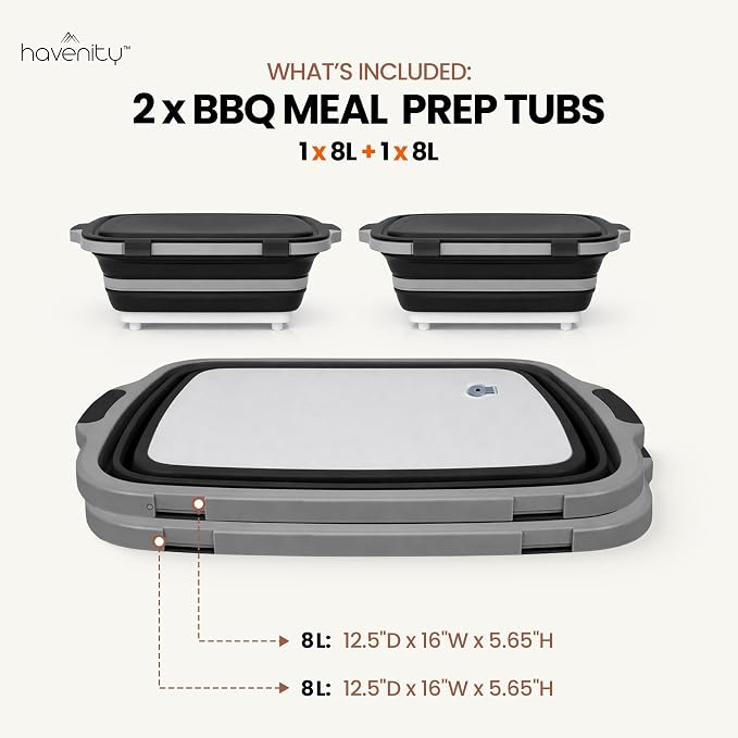BBQ Prep Tub 2 Pack (8L+8L) - Multifunctional Collapsible Camping Cutting Board with Upgraded Locking lid, Meal Prep Meat Storage Container Perfect for Grilling, Outdoor Cooking (Large x 2)